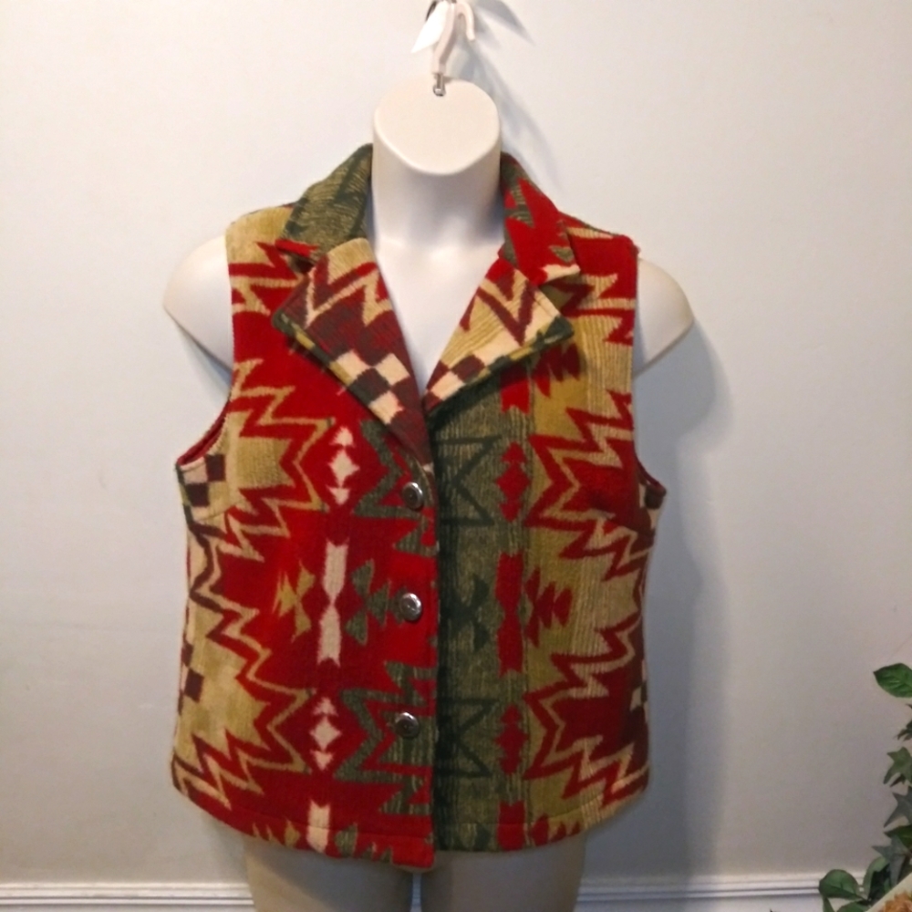 Vintage Orvis Boho/Southwestern Fleece Vest With Silver Concho Buttons